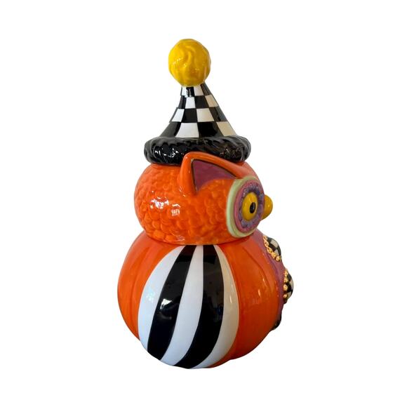 Mackenzie Childs Trick or Treat Owl Stacked Candy Dish Ceramic Orange Check New - Picture 2 of 10